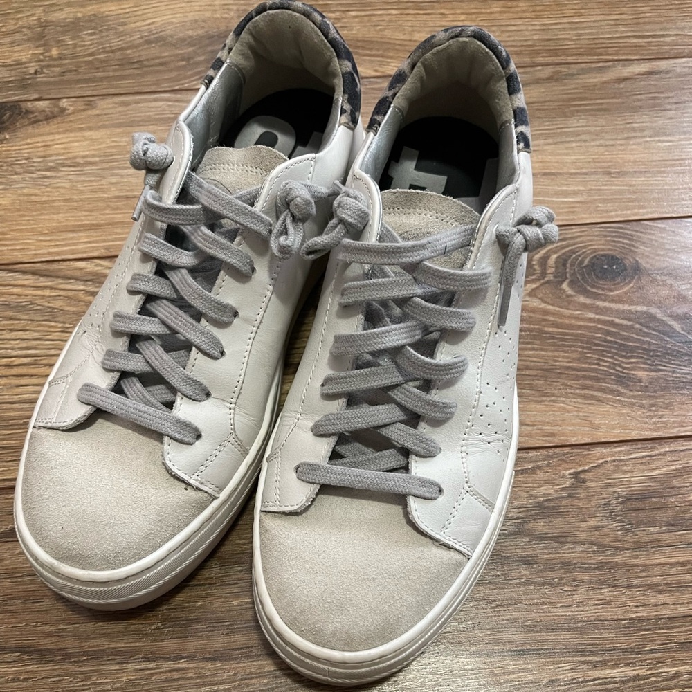 P448 Women's Low-Top Sneakers in White and Light Gray with Leopard Trim